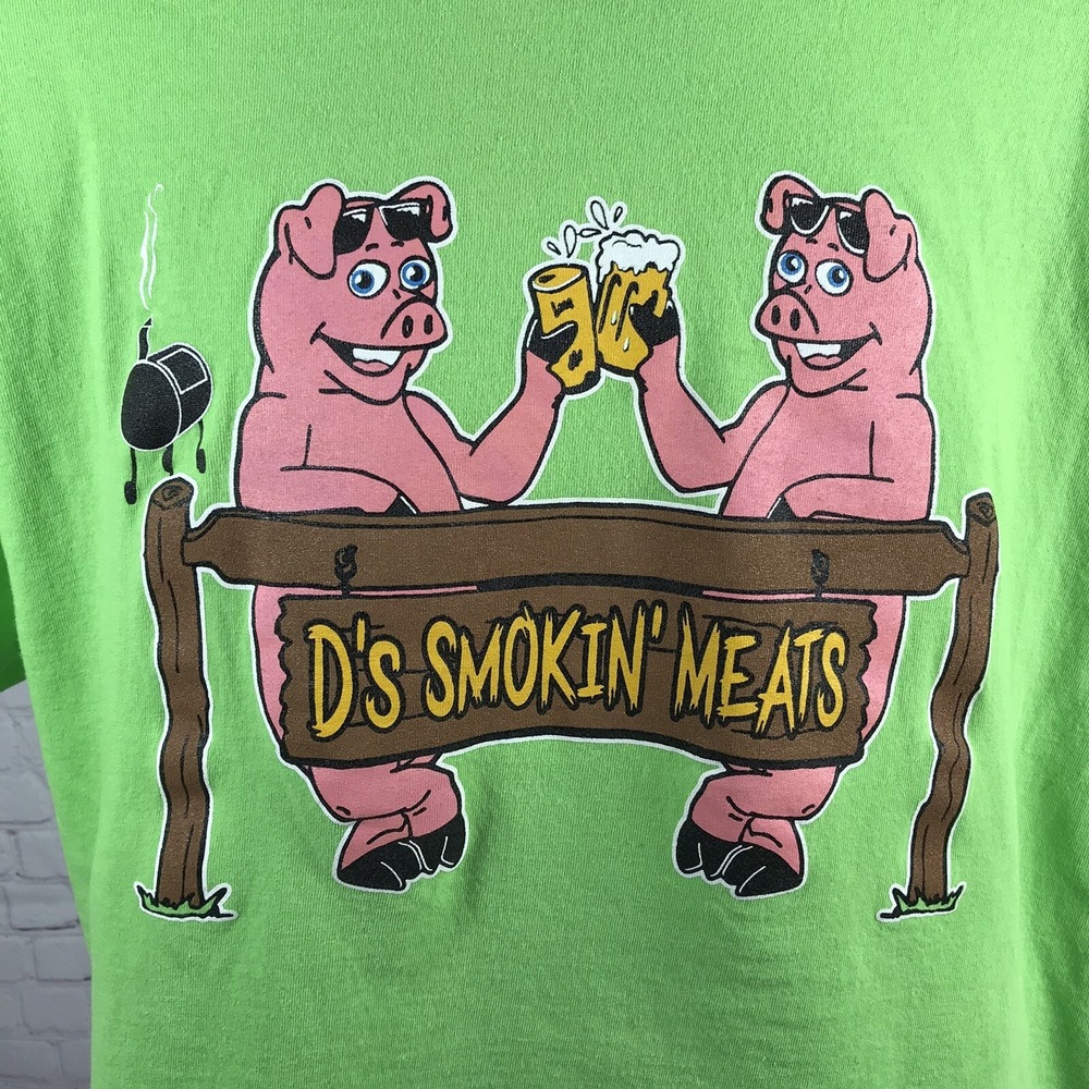 Vintage Shirt Adult Large Green Novelty Funny BBQ Pigs Graphic Tee Smokin' Meats